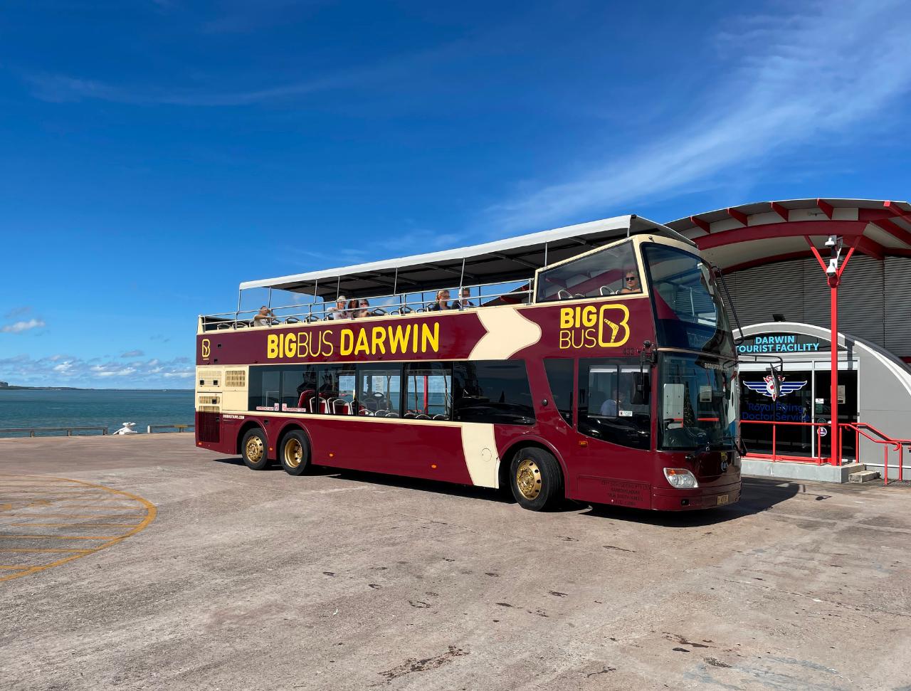 Darwin Big Bus in front of the Royal Flying Doctor Service museum, list of things to do in Darwin for families
